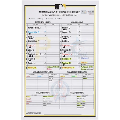 Pittsburgh Pirates Game-Used Lineup Card vs. Miami Marlins on September 11, 2024