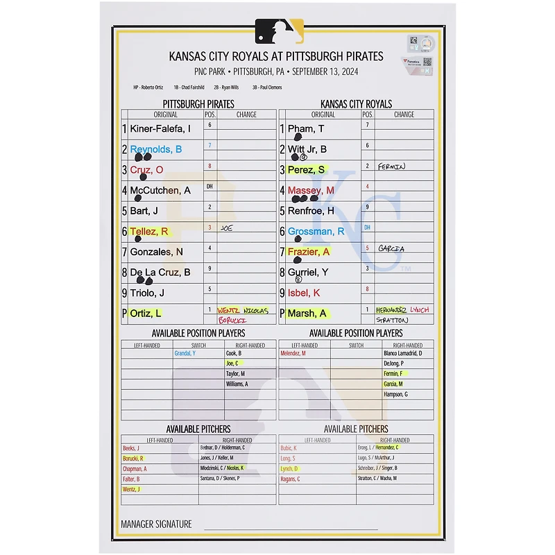 Pittsburgh Pirates Game-Used Lineup Card vs. Kansas City Royals on September 13, 2024