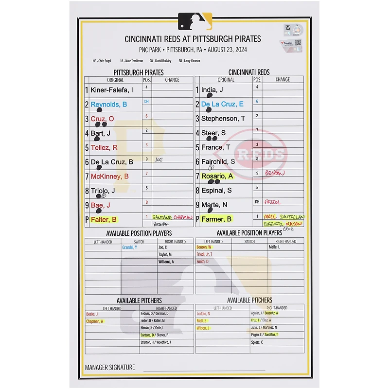 Pittsburgh Pirates Game-Used Lineup Card vs. Cincinnati Reds on August 23, 2024