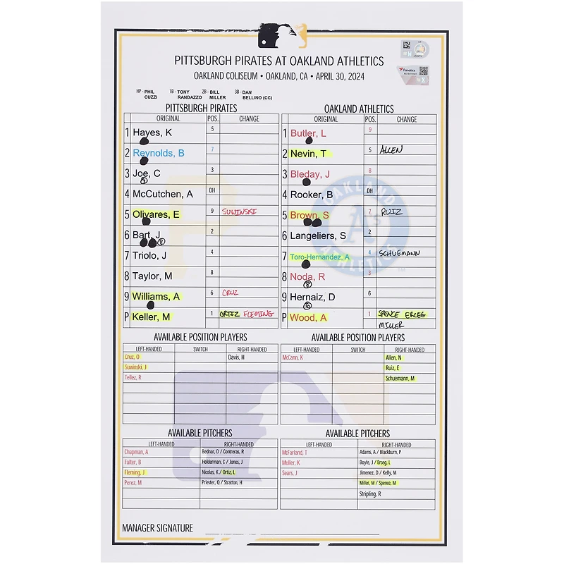 Pittsburgh Pirates Game-Used Lineup Card vs. Athletics on April 30, 2024
