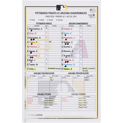 Pittsburgh Pirates Game-Used Lineup Card vs. Arizona Diamondbacks on July 26, 2024