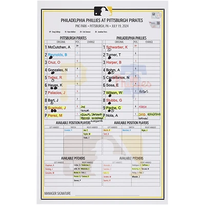 Pittsburgh Pirates Game-Used Lineup Card vs. Philadelphia Phillies on July 19, 2024