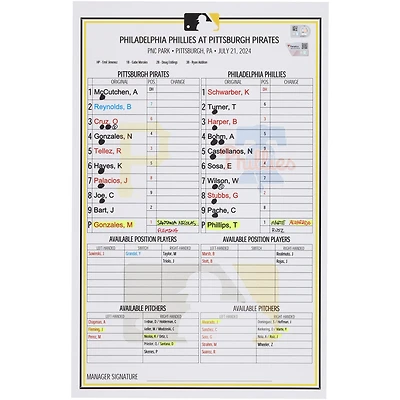 Pittsburgh Pirates Game-Used Lineup Card vs. Philadelphia Phillies on July 21, 2024