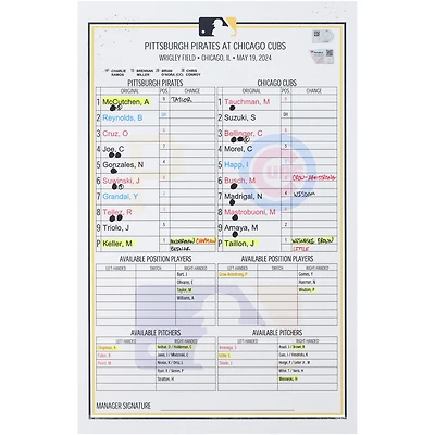 Pittsburgh Pirates Game-Used Lineup Card vs. Chicago Cubs on May 19, 2024