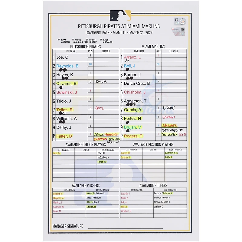Pittsburgh Pirates Game-Used Lineup Card vs. Miami Marlins on March 31, 2024