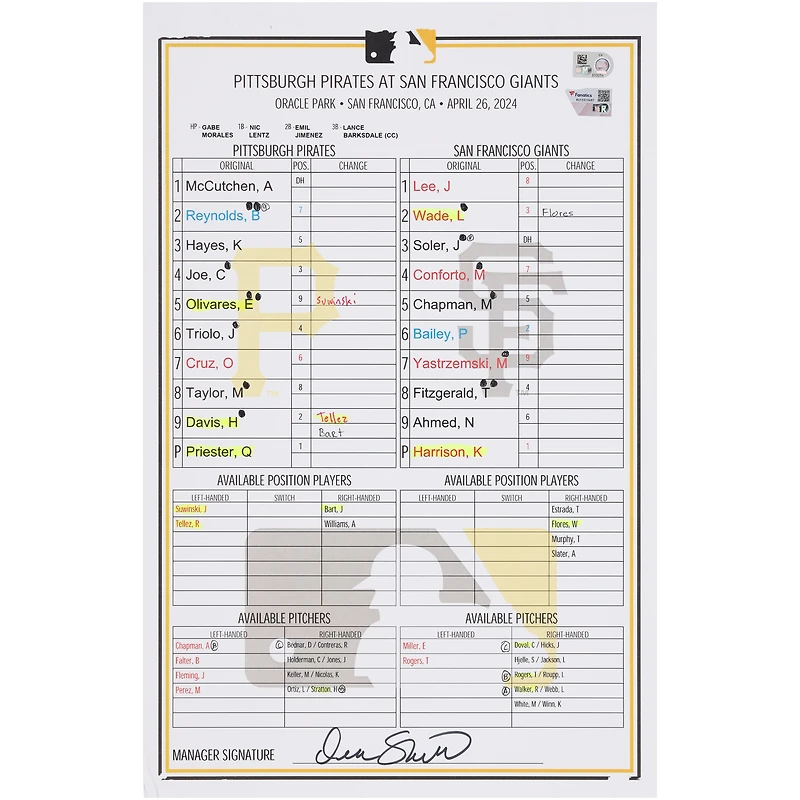 Pittsburgh Pirates Game-Used Lineup Card vs. San Francisco Giants on April 26, 2024