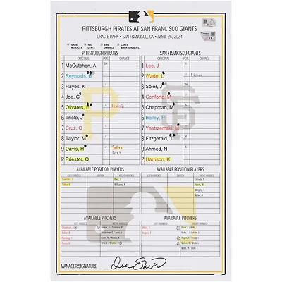Pittsburgh Pirates Game-Used Lineup Card vs. San Francisco Giants on April 26, 2024