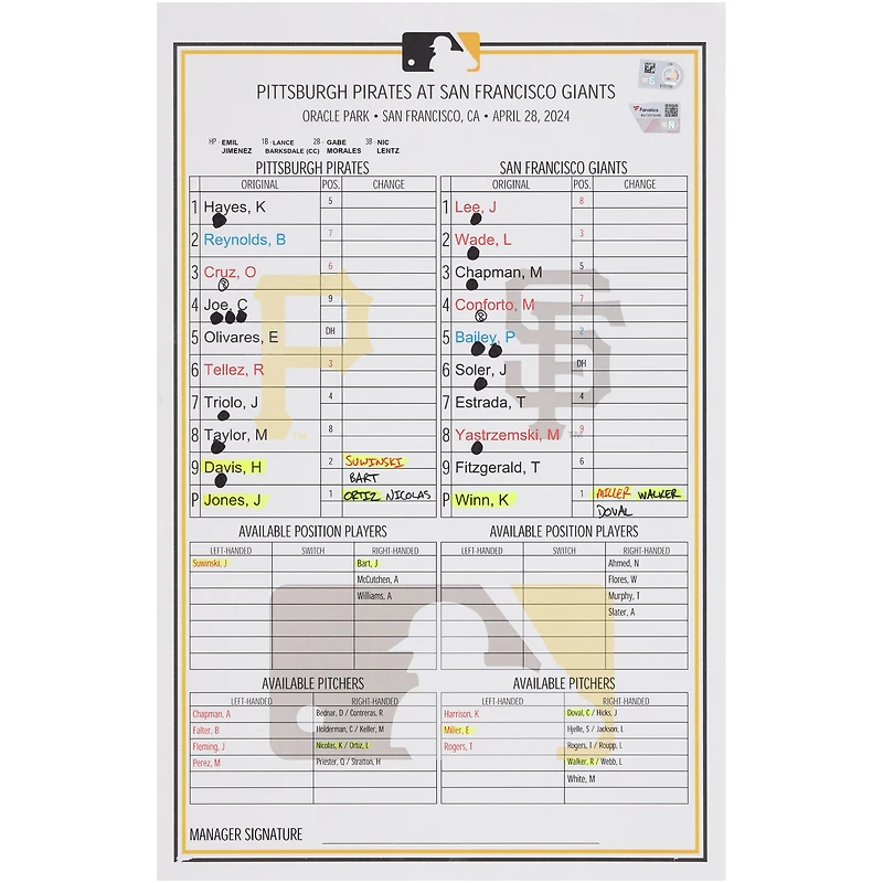 Pittsburgh Pirates Game-Used Lineup Card vs. San Francisco Giants on April 28, 2024