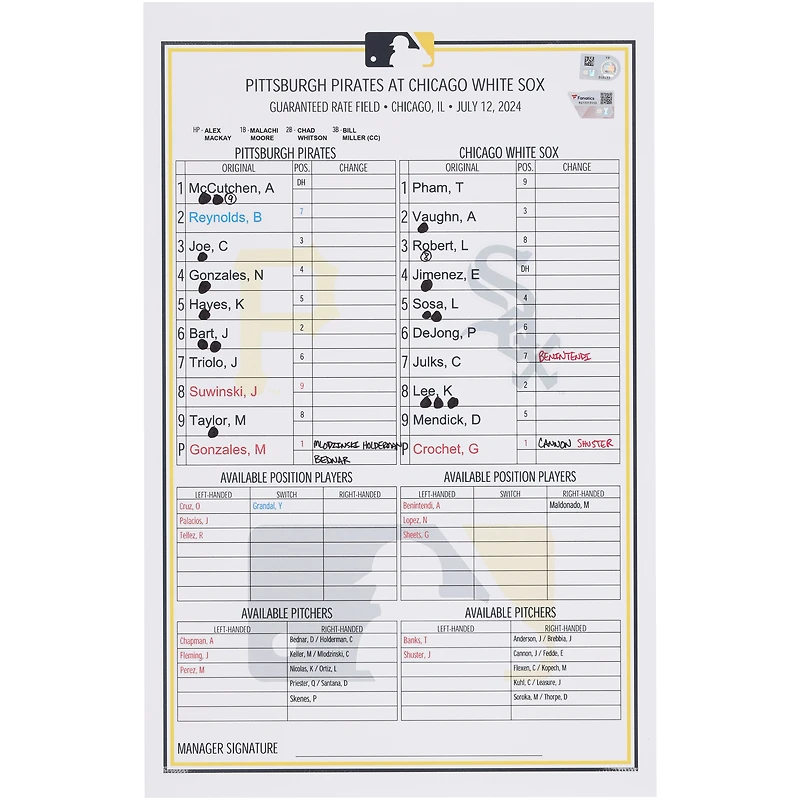 Pittsburgh Pirates Game-Used Lineup Card vs. Chicago White Sox on July 12, 2024