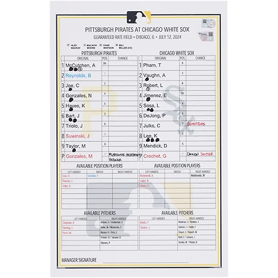 Pittsburgh Pirates Game-Used Lineup Card vs. Chicago White Sox on July 12, 2024