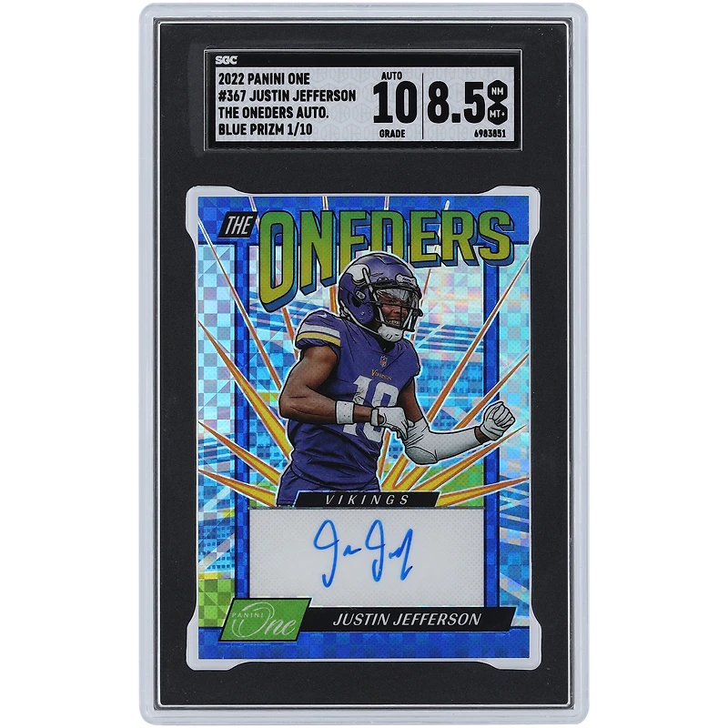 Justin Jefferson Minnesota Vikings Autographed 2022 Panini One Blue Prizm The Oneders #367 #1/10 SGC Authenticated 8.5/10 Card