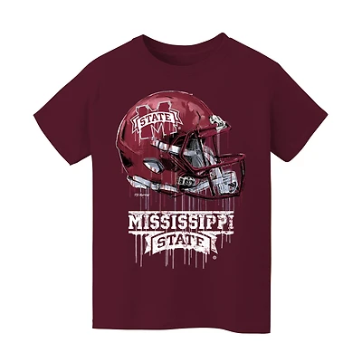 Youth Vive La Fete  Maroon Mississippi State Bulldogs Dripping Football Helmet T-Shirt