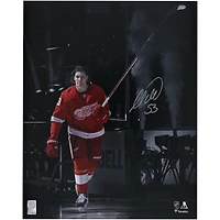 Moritz Seider Detroit Red Wings Autographed 16" x 20" Red Jersey Pregame Photograph