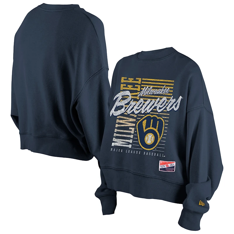 Women's New Era Navy Milwaukee Brewers Boxy Mineral Wash Dolmen Sleeve Cropped Sweatshirt