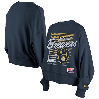Women's New Era Navy Milwaukee Brewers Boxy Mineral Wash Dolmen Sleeve Cropped Sweatshirt