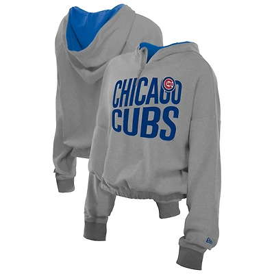 Women's New Era  Heather Gray Chicago Cubs Reversed Out French Terry Quarter-Zip Banded Crop Hoodie