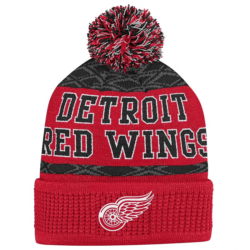 Youth Outerstuff Red Detroit Red Wings Puck Pattern Cuffed Knit Hat with Pom