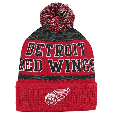 Youth Outerstuff Red Detroit Red Wings Puck Pattern Cuffed Knit Hat with Pom