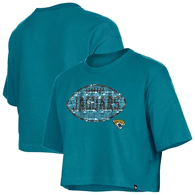 Girl's New Era Teal Jacksonville Jaguars Flip Sequin Boxy T-Shirt