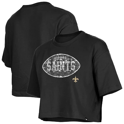 Girl's New Era Black Orleans Saints Flip Sequin Boxy T-Shirt