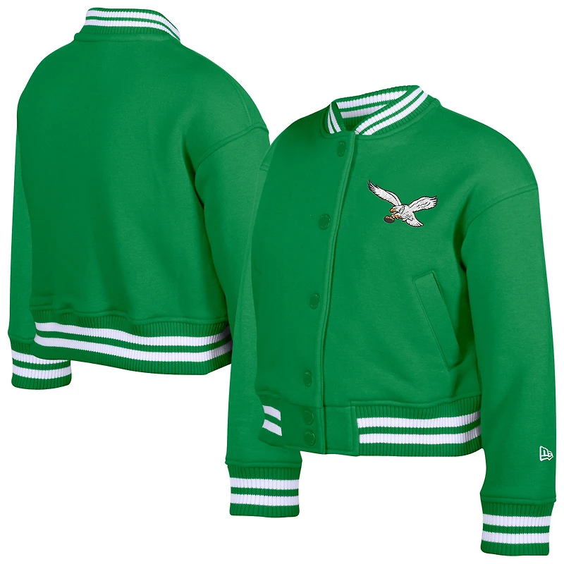 Youth New Era Kelly Green Philadelphia Eagles Throwback Chenille Applique Fleece Full-Snap Jacket