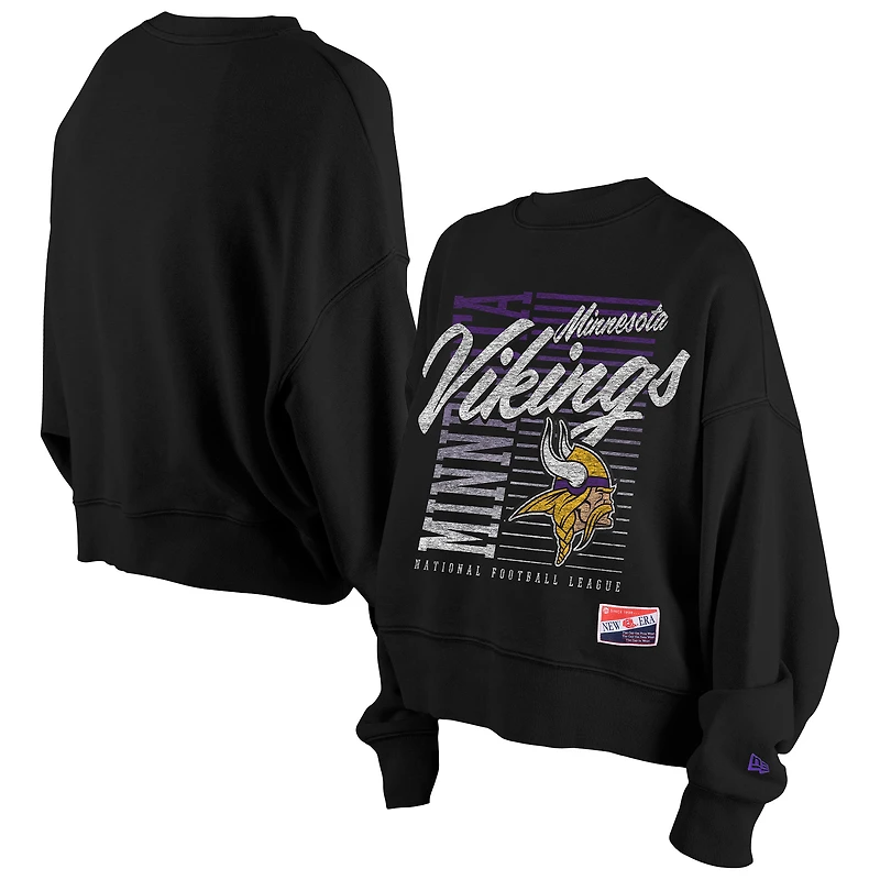 Women's New Era Black Minnesota Vikings Oversized Throwback Mineral Wash Crew Neck Sweatshirt