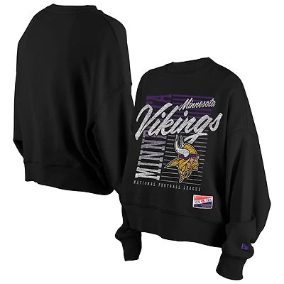 Women's New Era Black Minnesota Vikings Oversized Throwback Mineral Wash Crew Neck Sweatshirt