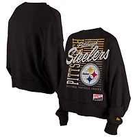 Women's New Era Black Pittsburgh Steelers Oversized Throwback Mineral Wash Crew Neck Sweatshirt