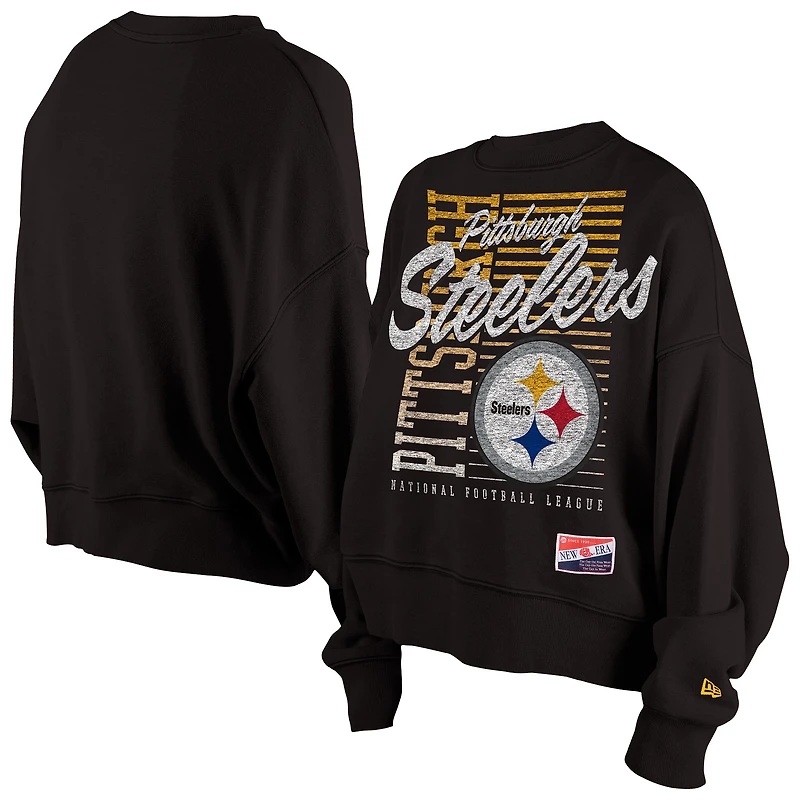 Women's New Era Black Pittsburgh Steelers Oversized Throwback Mineral Wash Crew Neck Sweatshirt