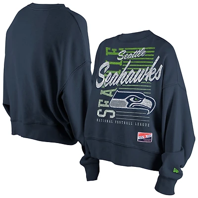Women's New Era College Navy Seattle Seahawks Oversized Throwback Mineral Wash Crew Neck Sweatshirt