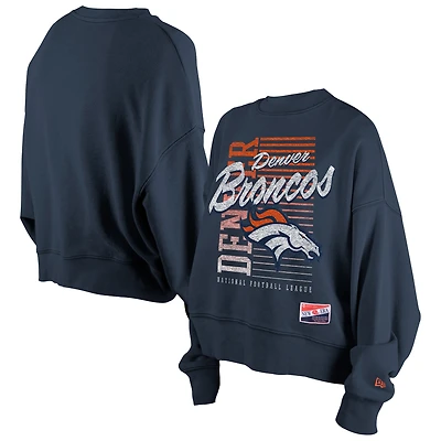 Women's New Era Navy Denver Broncos Oversized Throwback Mineral Wash Crew Neck Sweatshirt