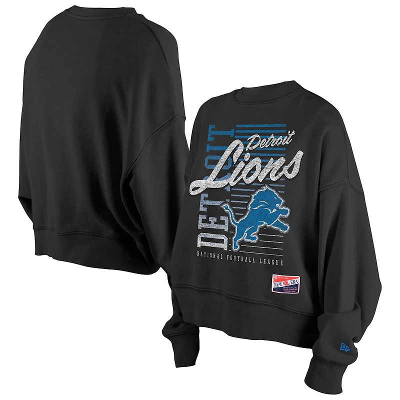 Women's New Era Black Detroit Lions Oversized Throwback Mineral Wash Crew Neck Sweatshirt