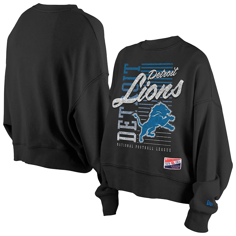 Women's New Era Black Detroit Lions Oversized Throwback Mineral Wash Crew Neck Sweatshirt