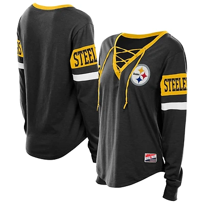 Women's New Era  Black Pittsburgh Steelers Throwback Lace-Up Long-Sleeve T-Shirt