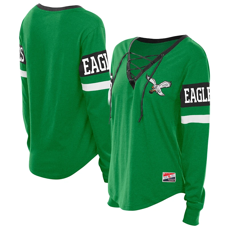 Women's New Era  Kelly Green Philadelphia Eagles Throwback Lace-Up Long-Sleeve T-Shirt