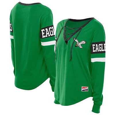 Women's New Era  Kelly Green Philadelphia Eagles Throwback Lace-Up Long-Sleeve T-Shirt