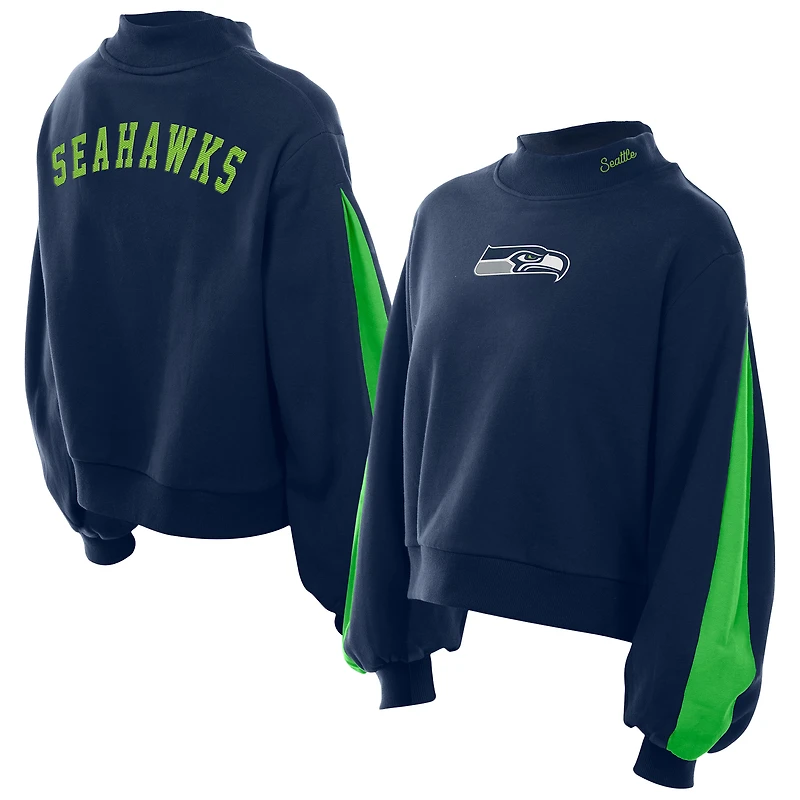 Women's New Era College Navy Seattle Seahawks Sport Night Mock Neck Balloon Sleeve Pullover Sweatshirt