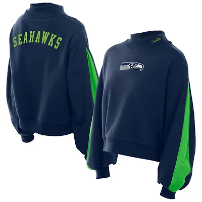 Women's New Era College Navy Seattle Seahawks Sport Night Mock Neck Balloon Sleeve Pullover Sweatshirt