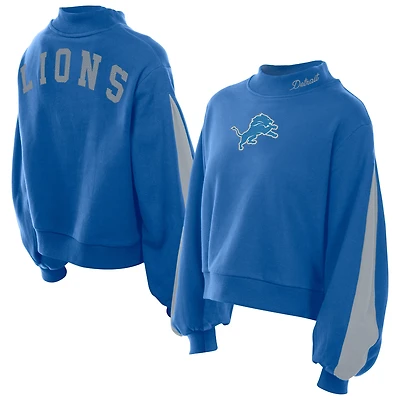 Women's New Era Blue Detroit Lions Sport Night Mock Neck Balloon Sleeve Pullover Sweatshirt
