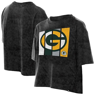 Women's New Era Black Green Bay Packers Boxy Cropped Sport Night Mineral Wash T-Shirt