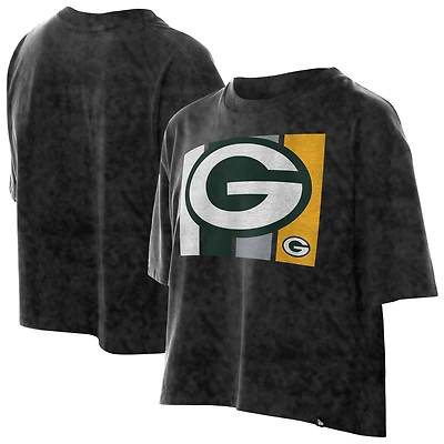 Women's New Era Black Green Bay Packers Boxy Cropped Sport Night Mineral Wash T-Shirt