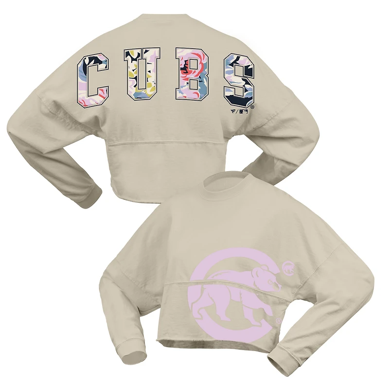 Women's Fanatics  Cream Chicago Cubs Floral Preppy Cropped Long Sleeve T-Shirt