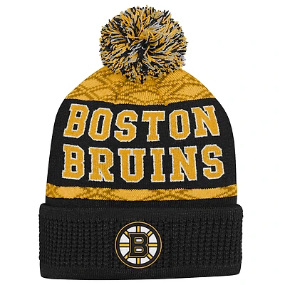 Youth Outerstuff Gold Boston Bruins Puck Pattern Cuffed Knit Hat with Pom