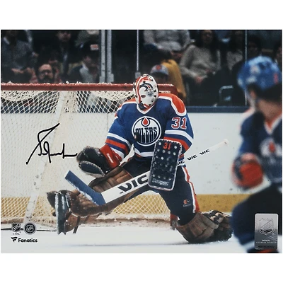 Grant Fuhr Edmonton Oilers Autographed 8" x 10" Royal Jersey Making Save Photograph
