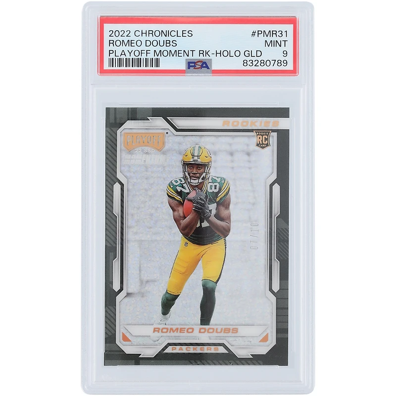 Romeo Doubs Green Bay Packers 2022 Panini Chronicles Playoff Moment Holo Gold #PMR-31 #7/10 PSA Authenticated 9 Rookie Card