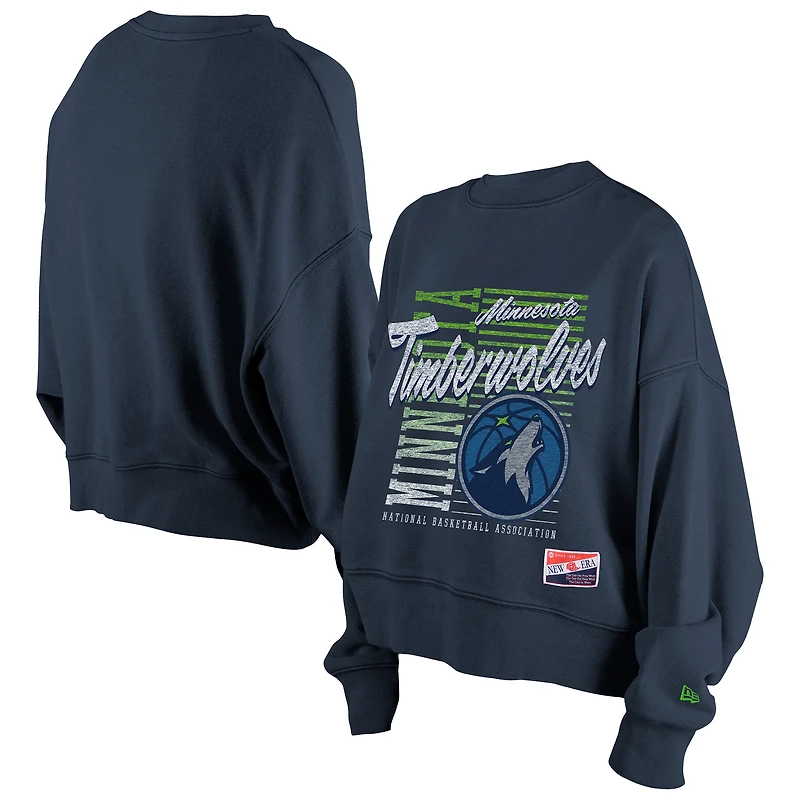 Women's New Era Navy Minnesota Timberwolves Boxy Throwback Mineral Wash Sweatshirt