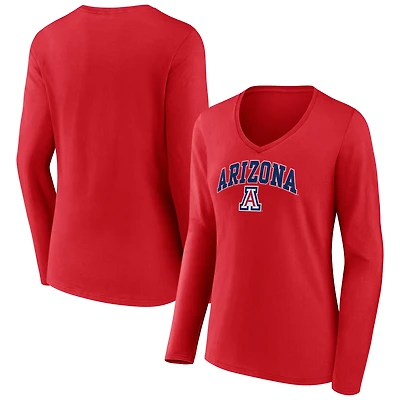 Women's Red Arizona Wildcats Campus V-Neck Long Sleeve T-Shirt