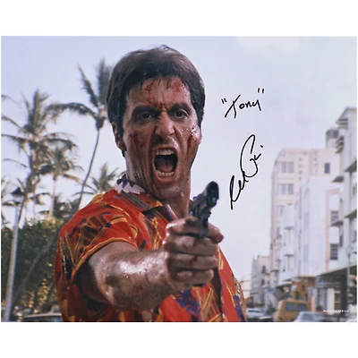 Al Pacino Scarface Autographed 16" x 20" Hawaiian Shirt Holding Gun Photograph with "Tony" Inscription