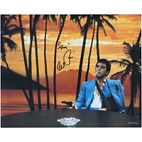 Al Pacino Scarface Autographed 16" x 20" Sitting At Desk In Blue Jacket Photograph with "Tony" Inscription