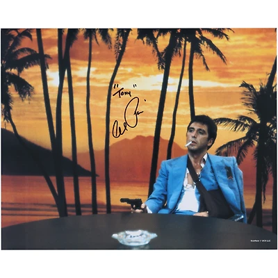 Al Pacino Scarface Autographed 16" x 20" Sitting At Desk In Blue Jacket Photograph with "Tony" Inscription